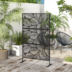 6.5FT Decorative Outdoor Divider, Metal Privacy Screen with Stand, Leaf Style, Black