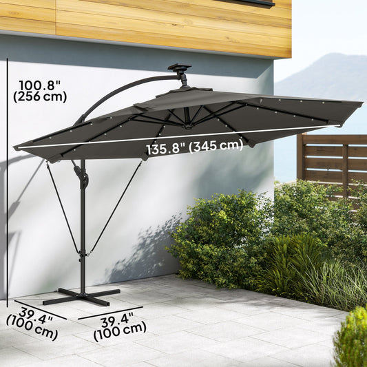 11.3 ft Cantilever Patio Umbrella with Light, Cover, Aluminium UPF50+ Offset Outdoor Umbrella Parasol, Dark Grey