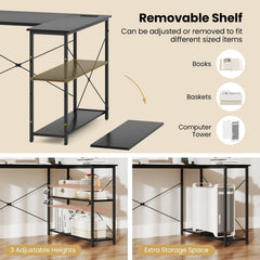 L-shaped 47 Inch Reversible Corner Desk with Adjustable Storage Shelves-Black