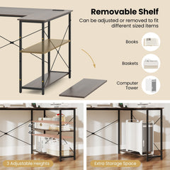 L-shaped 47 Inch Reversible Corner Desk with Adjustable Storage Shelves-Gray
