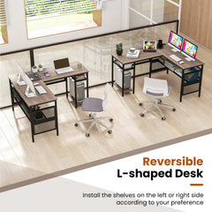 L-Shaped Computer Desk with Charging Station and Adjustable Shelf-Gray