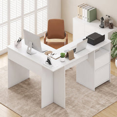 L-Shaped Computer Desk with Letter File Drawer-White