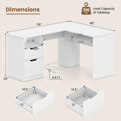 L-Shaped Computer Desk with Letter File Drawer-White