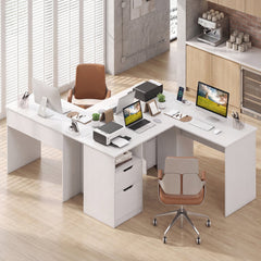 L-Shaped Computer Desk with Letter File Drawer-White