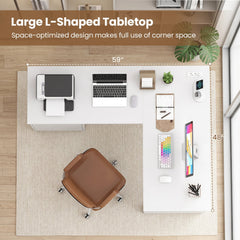 L-Shaped Computer Desk with Letter File Drawer-White