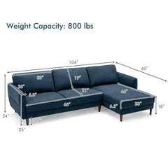 104 in L Shaped Sectional Sofa in Navy with 46 in Chaise, Serpentine Springs and Tool Free Assembly
