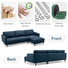 104 in L Shaped Sectional Sofa in Navy with 46 in Chaise, Serpentine Springs and Tool Free Assembly