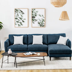 104 in L Shaped Sectional Sofa in Navy with 46 in Chaise, Serpentine Springs and Tool Free Assembly