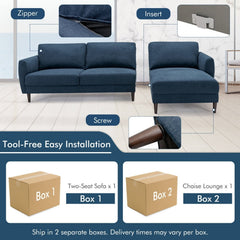 104 in L Shaped Sectional Sofa in Navy with 46 in Chaise, Serpentine Springs and Tool Free Assembly