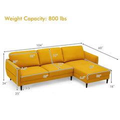 104 in L Shaped Sectional Sofa in Mustard Yellow with 46 in Chaise and Tool Free Assembly