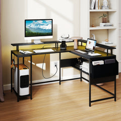 L-Shaped Gaming Desk with LED Lights and Power Outlets Home Office Computer Desk-Black