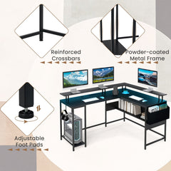 L-Shaped Gaming Desk with LED Lights and Power Outlets Home Office Computer Desk-Black