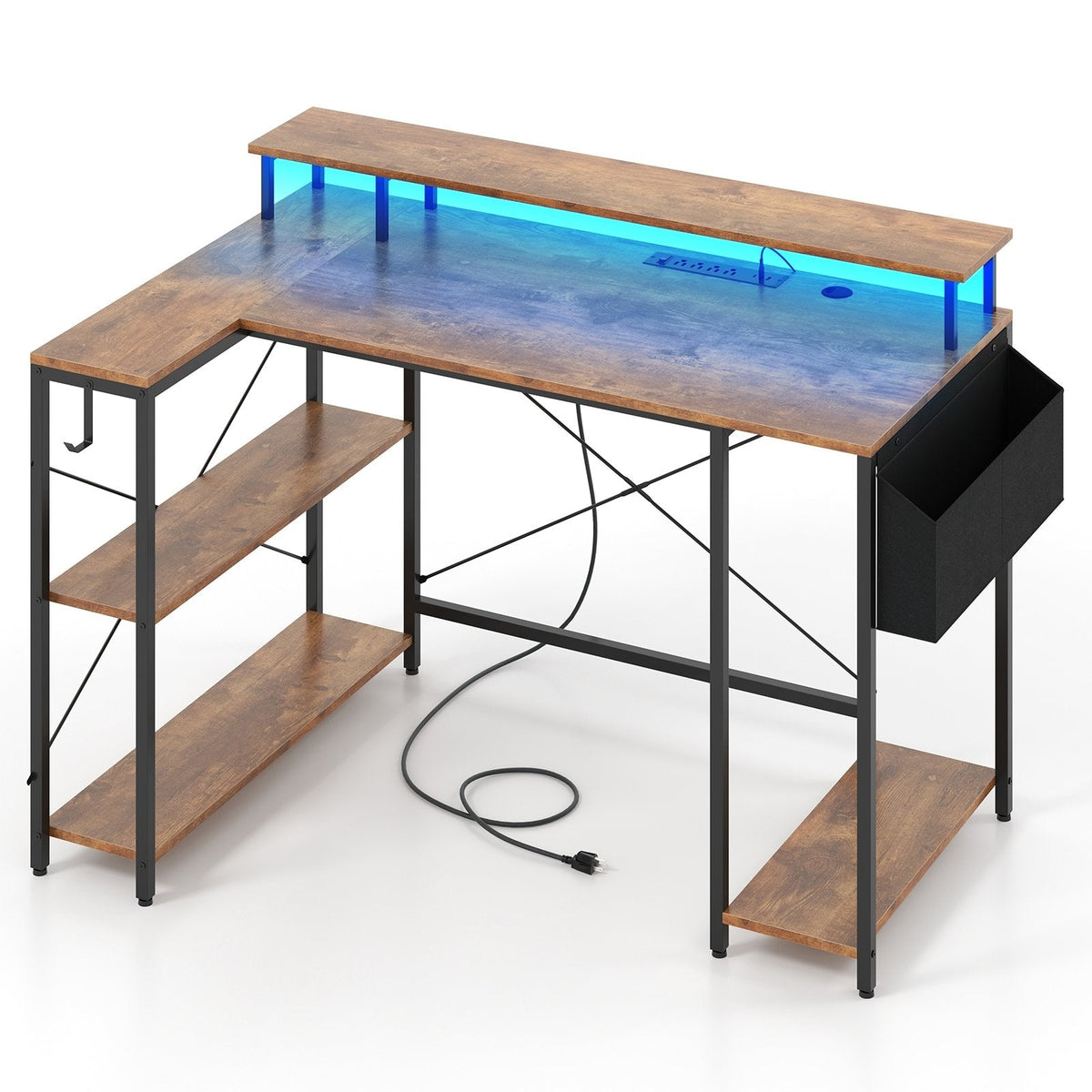 L-Shaped Gaming Desk with LED Lights and Power Outlets-Rustic Brown