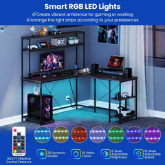 L-Shaped Reversible Gaming Desk with LED Strip and Power Outlets Hutch Monitor Stand-Gray