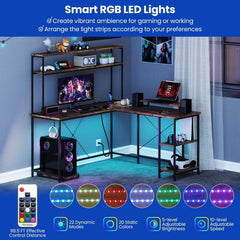 L-Shaped Reversible Gaming Desk with LED Strip and Power Outlets Hutch Monitor Stand-Rustic Brown