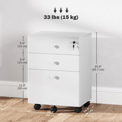 3-Drawer Small Filing Cabinet with Lock, Vertical Office Storage Cabinet with Wheels for Home Office, Black