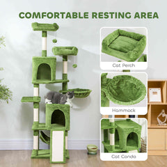 Cat Tree, 70" Multi-Level Cat Tower with 2 Condos, 2 Perches, Hammock, Toy Balls, Scratching Posts and Board, Dark Grey