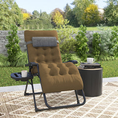 Padded Folding Recliner Chair, Patio Lounger with Cupholder, Adjustable Backrest, Removable Cushion, Black