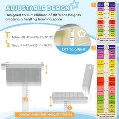 Kids Desk and Chair Set, Height Adjustable Children Study Desk and Chair with Drawer, Study Table for Bedroom, Grey
