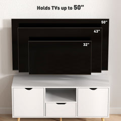 TV Stand with Storage for up to 50" TV, Modern TV Table with Open Shelf, Drawer and 2 Cabinets, White