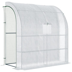 7' x 3' x 7' Outdoor Lean-to Walk-In Greenhouse w/ Roll-up Mesh Windows, Zipper Door and 3-Tier Shelves, White