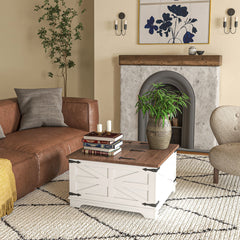 Farmhouse Coffee Table, Square Center Table with Flip-top Lids, Hidden Storage Compartment, Black
