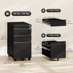 3 Drawer Filing Cabinet with Lock, Steel Office Storage Cabinet with Hanging Bar for A4, Legal, Letter Files, Black