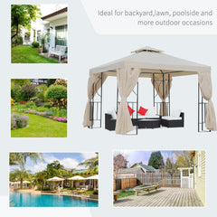 10' x 10' Patio Gazebo Outdoor, Canopy Shelter with Double-tier Roof, Pavilion Sidewalls for Garden Events, Brown