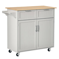 Rolling Kitchen Island with Storage Drawers, Kitchen Cart with Rubber Wood Top, Cabinet & Towel Rack, White