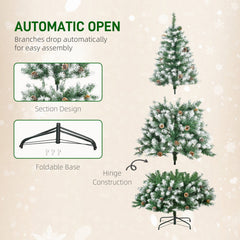 6ft Snow Flocked Artificial Christmas Tree, Unlit Full Fir Tree with Automatic Open, 800 Realistic Branches and 61 Pine Cones