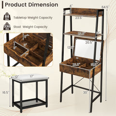 Ladder Vanity Desk Set with Flip Top Mirror and Cushioned Stool-Black
