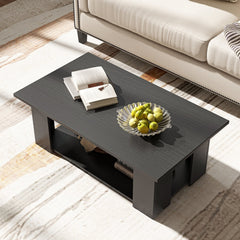 Large 36/41 Inch 2-tier Wooden Modern Coffee Table with Storage Shelf-Black