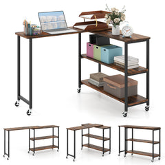 360 Degree Rotating Sofa Side Table on Wheels with Two Storage Shelves