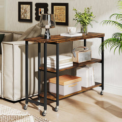 360 Degree Rotating Sofa Side Table on Wheels with Two Storage Shelves