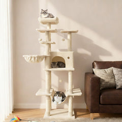 63 Inch Cat Tree with a Window Condo, Turning Basket and a Deep Hammock