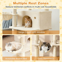 63 Inch Cat Tree with a Window Condo, Turning Basket and a Deep Hammock