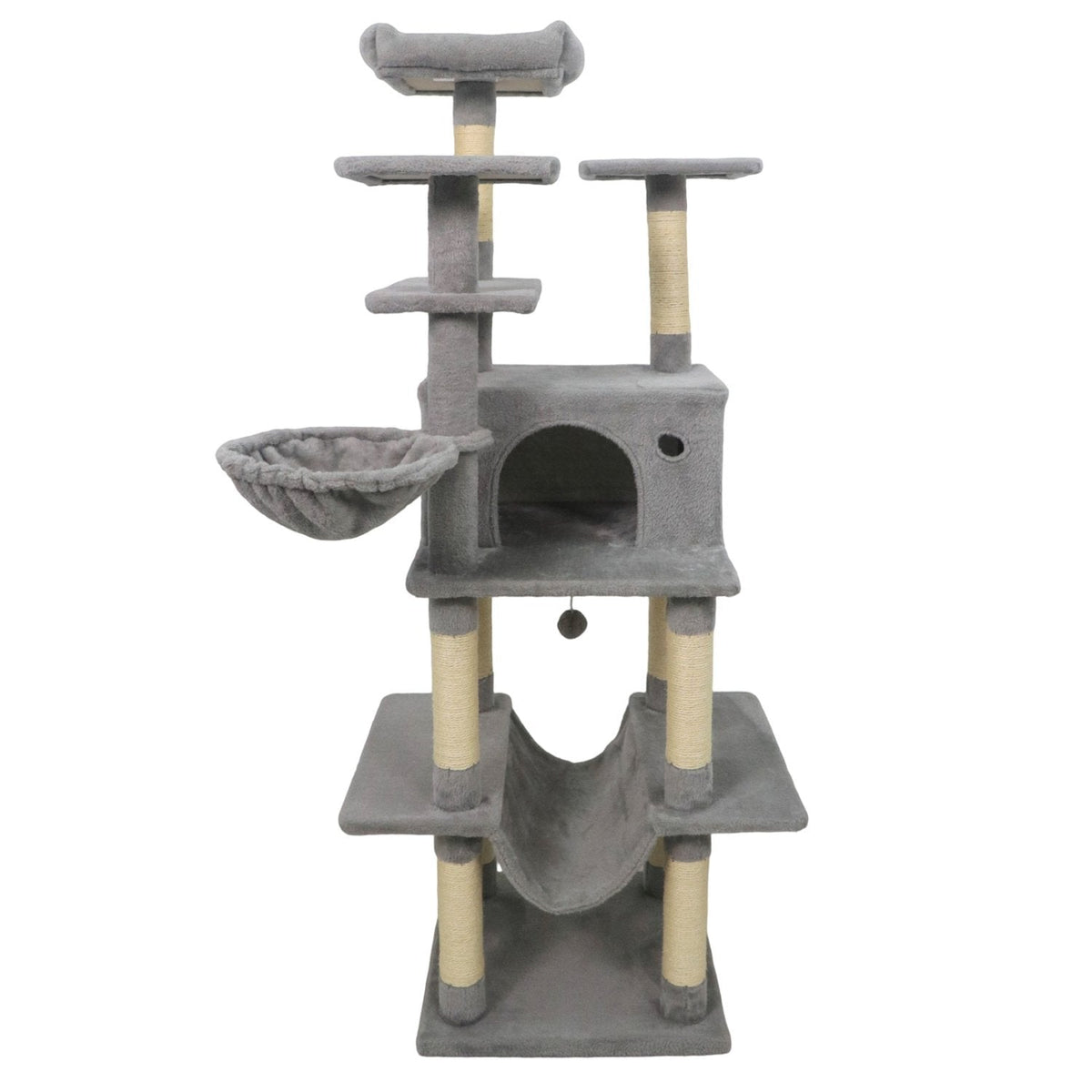 63 Inch Light Grey Cat Tree with a Condo, Hammock and Rotating Basket