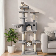 63 Inch Light Grey Cat Tree with a Condo, Hammock and Rotating Basket