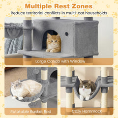 63 Inch Light Grey Cat Tree with a Condo, Hammock and Rotating Basket