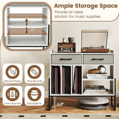Large Record Player Stand with Charging Station Mid Century Modern Vinyl Storage Cabinet-White