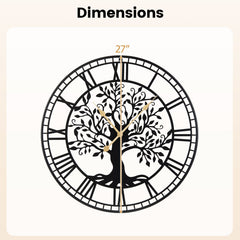 Large Wall Clock 27 Inch Tree of Life Big Metal Wall Clock-Black