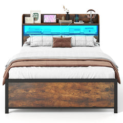 LED Bed Frame with Power Outlets and Storage Headboard-Full Size