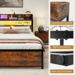 LED Bed Frame with Power Outlets and Storage Headboard-Full Size