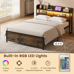 LED Bed Frame with Power Outlets and Storage Headboard-Queen Size