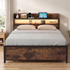 LED Bed Frame with Power Outlets and Storage Headboard-Queen Size