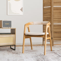Bamboo Dining Armchair with Curved Back, Beige Polyester Cushion and A Frame Legs, Natural