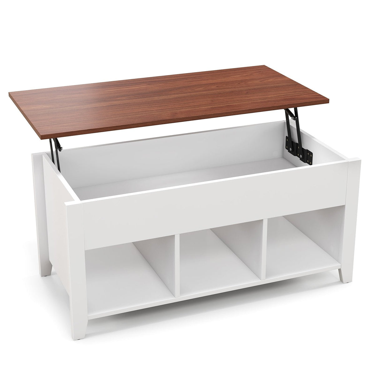 Lift Top Coffee Table with Hidden Compartment and 3 Open Storage Cubes, White and Walnut