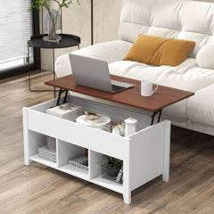 Lift Top Coffee Table with Hidden Compartment and 3 Open Storage Cubes, White and Walnut