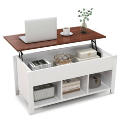 Lift Top Coffee Table with Hidden Compartment and 3 Open Storage Cubes, White and Walnut