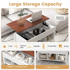 Lift Top Coffee Table with Hidden Compartment and 3 Open Storage Cubes, White and Walnut